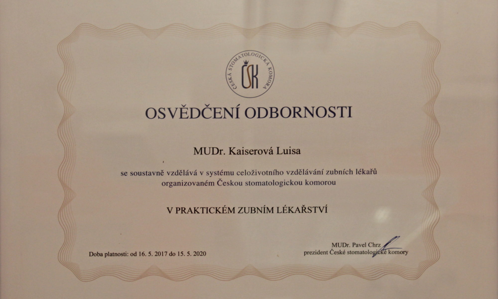 Luisa Kaiserová - osvědčení odbornosti